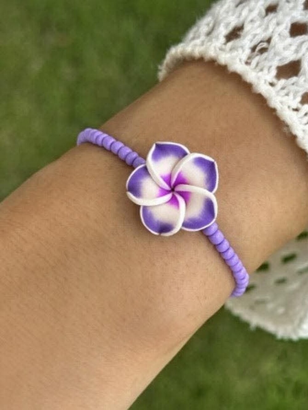 Tropical Flower Beaded Anklet & Bracelet Set Summer Plumeria New Green Mauve - Picture 4 of 5